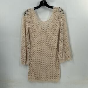 Free People Beige Lacy Crochet Long Flare Sleeve Boho Mini Dress Size XS